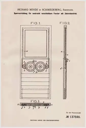 Original Patentschrift - Richard Mende in Schmiedeberg / Kowary , 1902 , Sperre für Fenster !!!