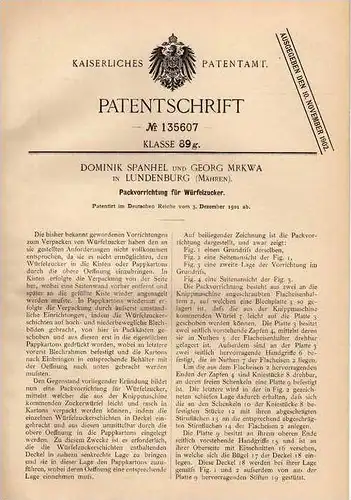 Original Patentschrift - D. Spanhel in Lundenburg / Breclav , 1901 , Würfelzucker - Packmaschine , Zucker !!!