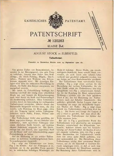 Original Patentschrift - A. Stock in Elberfeld , 1900 , Former für Taille , Taillenformer , Wuppertal , Korsett , Corset