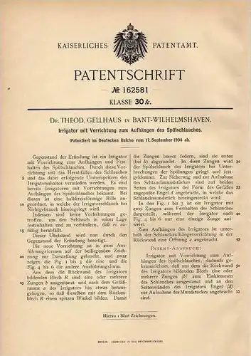 Original Patentschrift - Dr. Gellhaus in Bant - Wilhelmshaven , 1904 , Irrigator mit Spülschlauch !!!