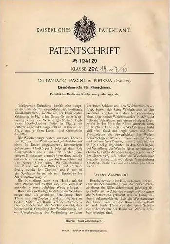 Original Patentschrift - O. Pacini in Pistoia , 1900 , Weiche für Eisenbahn !!!