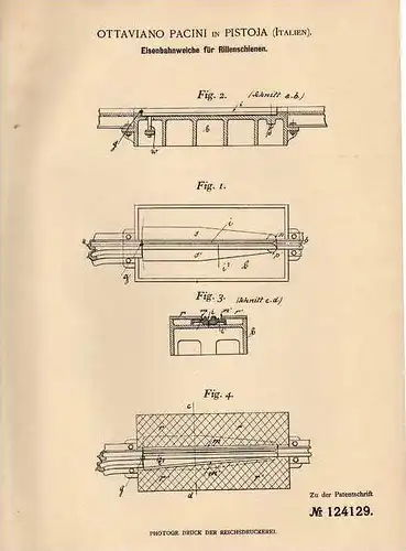 Original Patentschrift - O. Pacini in Pistoia , 1900 , Weiche für Eisenbahn !!!