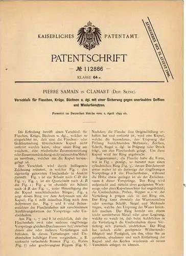 Original Patentschrift - P. Samain in Clamart , Dep. Seine , 1899 , Verschluß für Flaschen und Krüge !!!