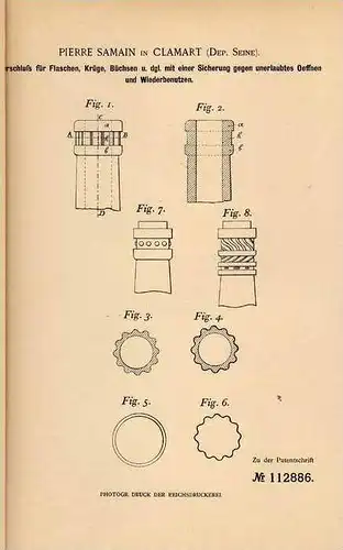 Original Patentschrift - P. Samain in Clamart , Dep. Seine , 1899 , Verschluß für Flaschen und Krüge !!!