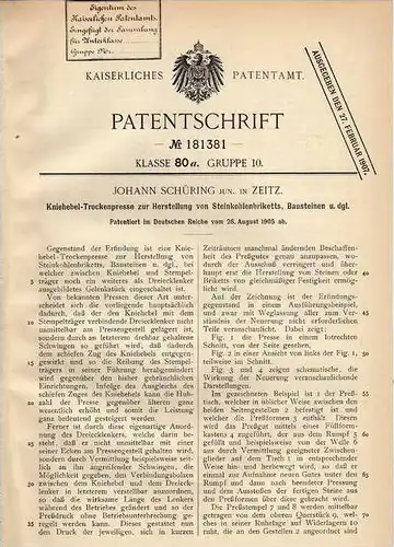 Original Patentschrift - J. Schüring in Zeitz , 1905, Kniehebel - Trockenpresse für Steinkohlebriketts , Brikett , Kohle