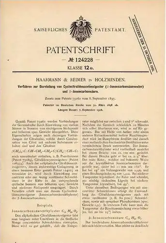 Original Patentschrift - Haarmann & Reimer in Holzminden , 1898 , Darstellung v. Jononcarbonsäure , Chemie !!!