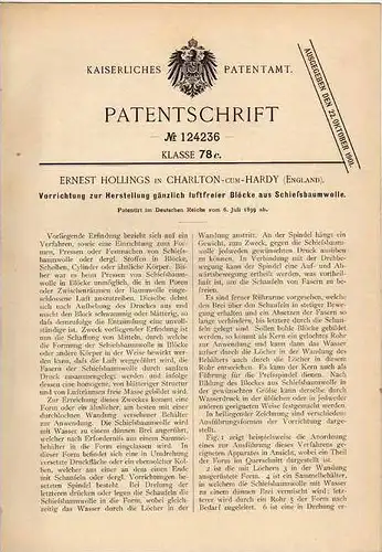Original Patentschrift - E. Hollings in Chorlton cum Hardy , 1899 , Block aus Schieß - Baumwolle !!!