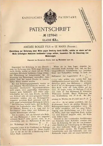 Original Patentschrift - A. Bollée à Le Mans , 1900 , Controle, directeur pour les voitures , automobile !!!