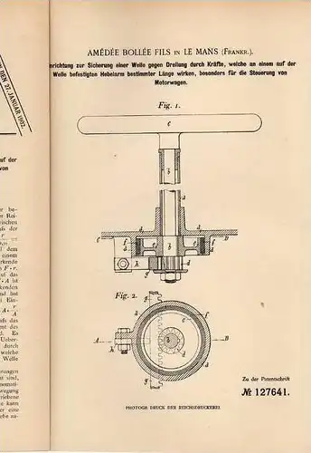 Original Patentschrift - A. Bollée à Le Mans , 1900 , Controle, directeur pour les voitures , automobile !!!