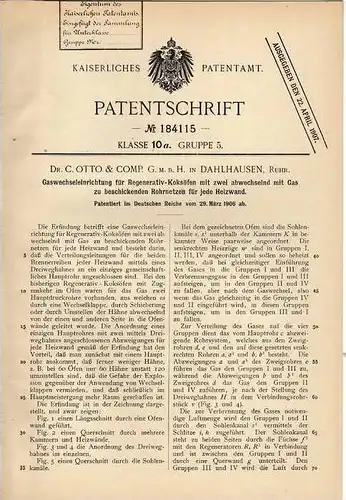 Original Patentschrift - Dr. C. Otto in Dahlhausen a.d. Ruhr , 1906 , Regenerativ Koksofen , Koks !!!