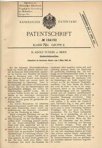 Original Patentschrift - H. Furrer in Bern , 1906 , Zünderstellmaschine , Kanone , Geschoss !!!