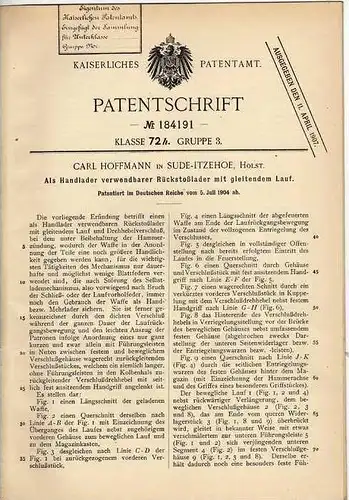 Original Patentschrift - C. Hoffmann in Sued - Itzehoe , Holst., 1904 , Pistole , Gewehr , Waffe !!!