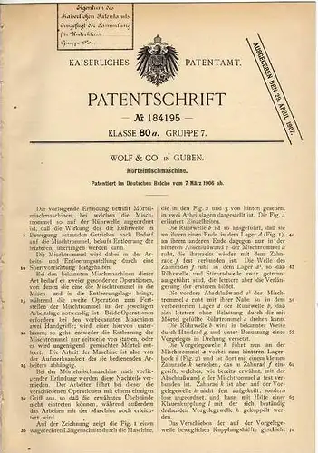Original Patentschrift - Wolf & Co in Guben , 1906 , Mörtelmischmaschine , Bau , Maurer , Betonmischer !!!