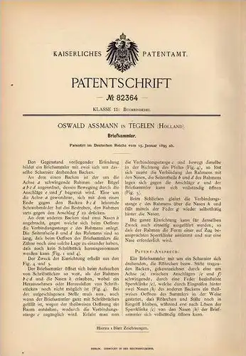 Original Patentschrift - O. Assmann in Tegelen , 1895 , Briefsammler , Post , Brief  !!!