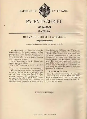 Original Patentschrift - Backofen , Dampfbackofen , 1901 , H. Neufeldt in Berlin , Bäcker , Bäckerei !!!