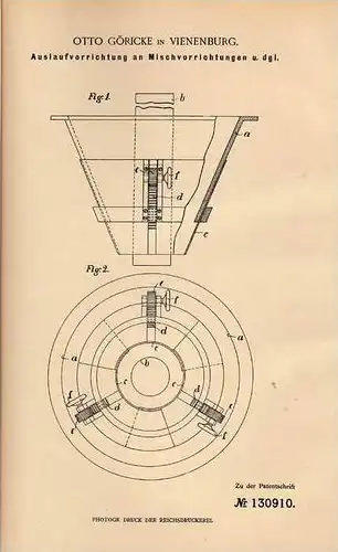 Original Patentschrift - O. Göricke in Vienenburg b. Goslar , 1901 , Mischapparat für Lebensmittel , Nahrung !!!