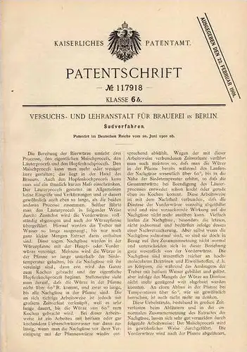 Original Patentschrift - Versuchs- und Lehranstalt für Brauerei in Berlin , 1900 , Sudverfahren , Bier , Alkohol !!!