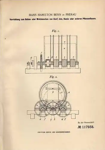 Original Patentschrift - H. Benn in Prerau , 1900 , Maschine für Hanf , Jute und Ramie , Prerov !!!