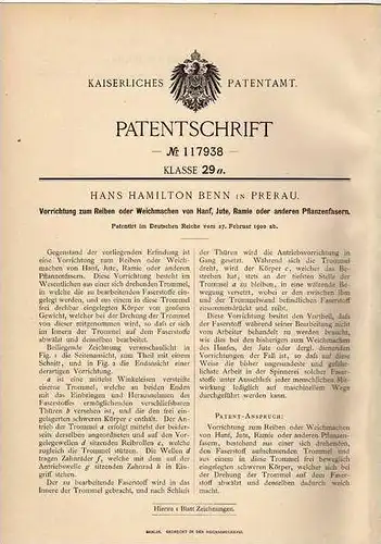 Original Patentschrift - H. Benn in Prerau , 1900 , Maschine für Hanf , Jute und Ramie , Prerov !!!