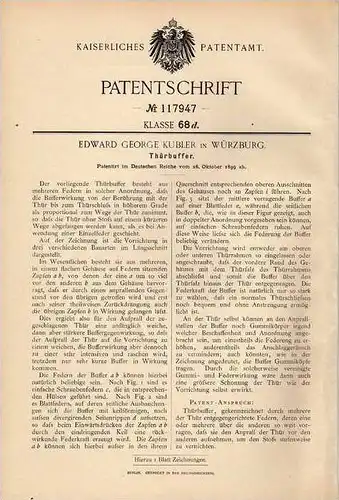 Original Patentschrift - E. Kuber in Würzburg , 1899, Thürbuffer , Tür , Tischler !!!