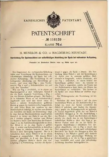 Original Patentschrift - H. Mundlos in Magdeburg - Neustadt , 1900 , Spulmaschine , Spule !!!