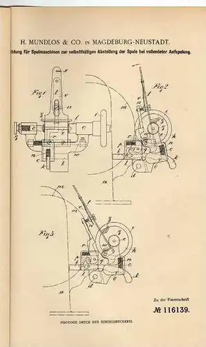 Original Patentschrift - H. Mundlos in Magdeburg - Neustadt , 1900 , Spulmaschine , Spule !!!