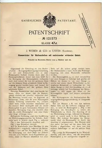 Original Patentschrift - J. Weber & Co in Uster ,1900, Riemenrücker für Stufenscheiben !!!