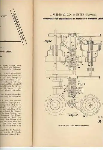 Original Patentschrift - J. Weber & Co in Uster ,1900, Riemenrücker für Stufenscheiben !!!