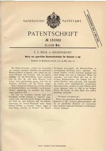 Original Patentschrift - E. Beck in Hilbersdorf b. Chemnitz , 1901 , Walze aus Baumwollscheiben , Baumwolle !!!