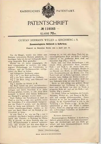 Original Patentschrift - G. Weller in Kirchberg i. S. , 1900, Reißbrett in Kofferform !!!