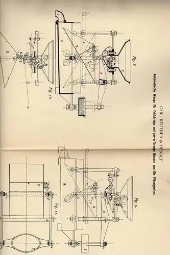 Original Patentschrift - C. Reuther in Hennef , 1881, Automatische Waage !!!