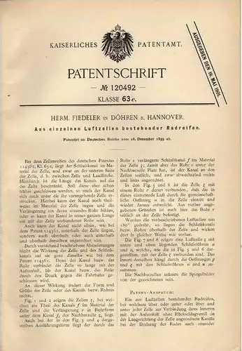 Original Patentschrift - H. Fiedler in Döhren b. Hannover , 1899, Reifen mit einzelnen Luftzellen  !!!