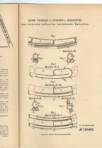 Original Patentschrift - H. Fiedler in Döhren b. Hannover , 1899, Reifen mit einzelnen Luftzellen  !!!