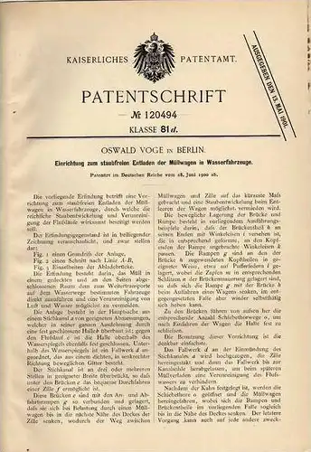 Original Patentschrift - Müllentladung in Schiffe , Boot , 1900 ,O. Voge in Berlin !!!