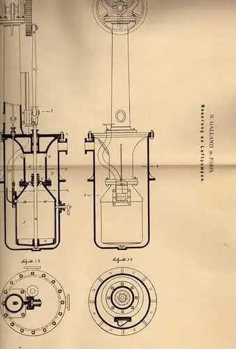 Original Patentschrift - N. Galland in Paris , 1881 , Luftpumpe !!!