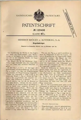 Original Patentschrift - H. Kröger in Altenburg S.-A. , 1900 , Ringschmierlager !!!