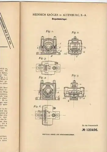 Original Patentschrift - H. Kröger in Altenburg S.-A. , 1900 , Ringschmierlager !!!