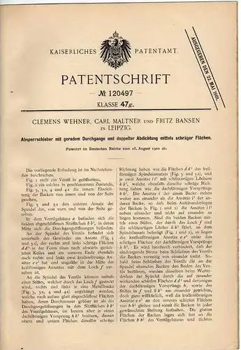 Original Patentschrift - F. Bansen in Leipzig ,1900 , Sperrschieber !!!