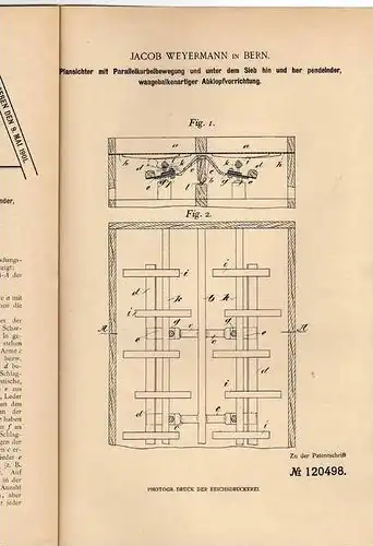 Original Patentschrift - J. Weyermann in Bern , 1900, Plansichter  !!!