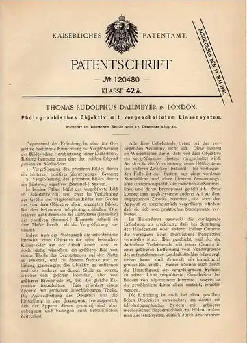 Original Patentschrift - Photographie , Objektiv , Linse , 1899 , Th. Dallmeyer in London !!!