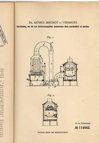 Original Patentschrift - Dr. A. Bréchot dans Versailles , 1899 , incinérateur inoffensif  !!!