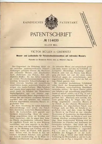 Original Patentschrift - V. Müller in Chemnitz , Fleischmaschine , 1899 , Fleischer , Schlachter , Fleischerei !!!