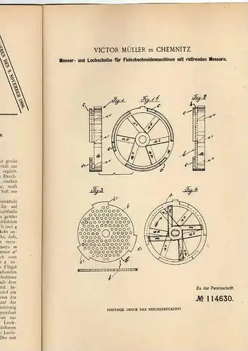 Original Patentschrift - V. Müller in Chemnitz , Fleischmaschine , 1899 , Fleischer , Schlachter , Fleischerei !!!