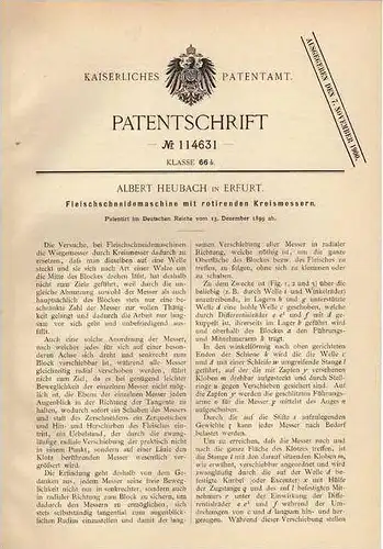 Original Patentschrift - A. Heubach in Erfurt , Fleischmaschine , 1899, Fleischer , Schlachter , Fleischerei !!!