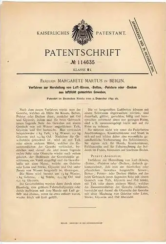 Original Patentschrift - M. Martus in Berlin , Luftkissen , Luftbetten , 1899 , Bettenhaus , Bett !!!