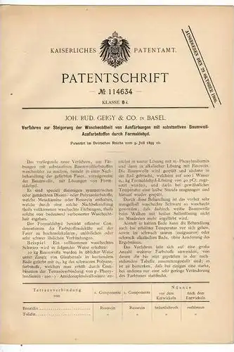 Original Patentschrift - J. Geigy & Co in Basel , 1899 ,Steigerung der Waschechtheit , Wäsche , Chemie !!!