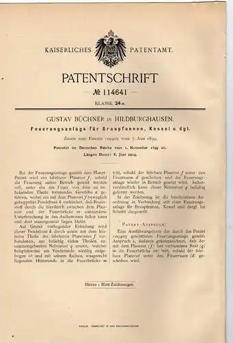 Original Patentschrift - G. Büchner in Hildburghausen , 1899 , Feuerungsanlage , Heizung , Heizungsbau !!!