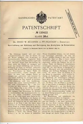 Original Patentschrift - Kühler für Acetylen , 1899 , Dr. Büchner in Pfungstadt b. Darmstadt !!!