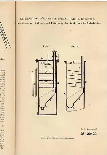 Original Patentschrift - Kühler für Acetylen , 1899 , Dr. Büchner in Pfungstadt b. Darmstadt !!!