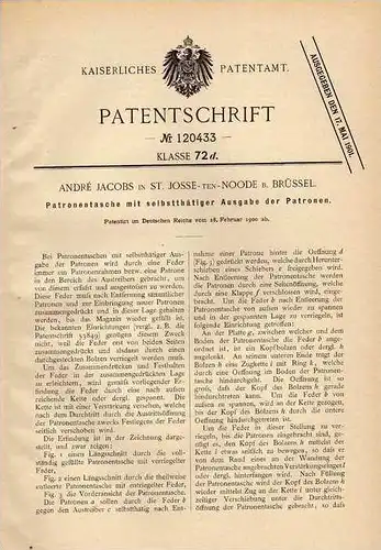 Original Patentschrift - Patronentasche , Munition , Pistole , 1900 , A. Jacobs in St. Josse b. Brüssel !!!